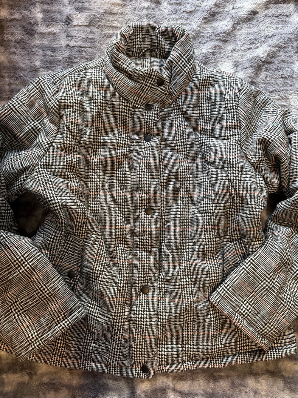 a new day Plaid Quilted Puffer Jacket in Black and White with Tan Accents nwot
